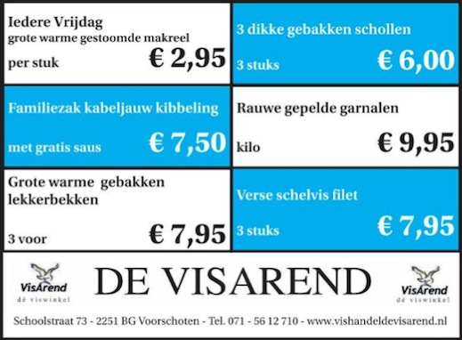 Aanbiedingen vishandel de Vishandel in Voorschoten vanaf 31 maart 2016.