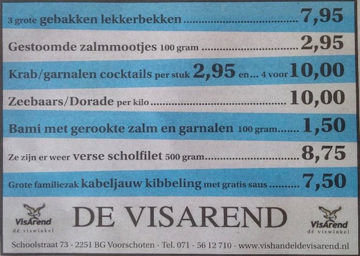 Aanbiedingen vishandel de Vishandel in Voorschoten vanaf 26 mei 2016.