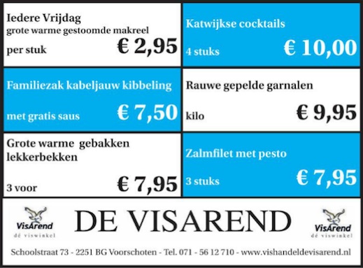 Aanbiedingen vishandel de Vishandel in Voorschoten vanaf 5 mei 2016.
