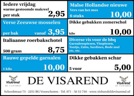 Aanbiedingen vishandel de Vishandel in Voorschoten vanaf 8 september 2016.
