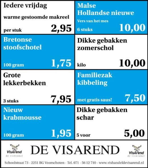 Aanbiedingen vishandel de Vishandel in Voorschoten vanaf 6 oktober 2016.