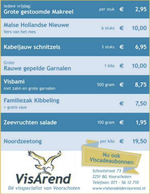 Aanbiedingen vishandel de Vishandel in Voorschoten vanaf 8 december 2016.