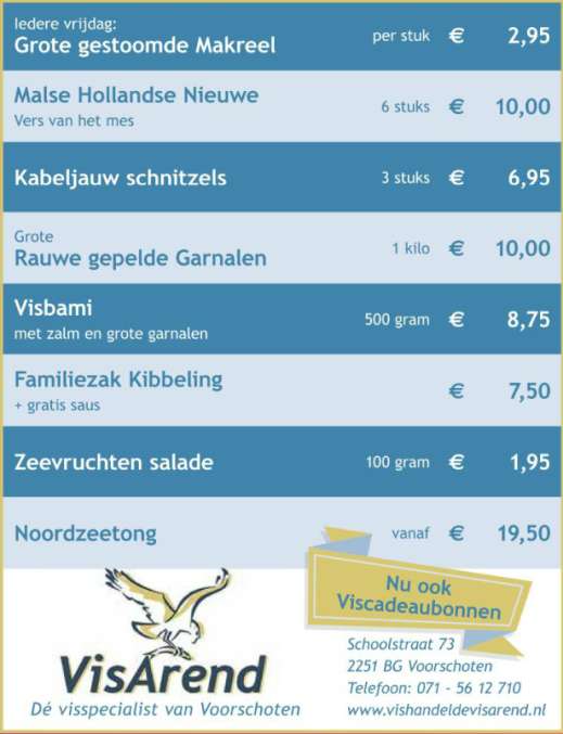 Aanbiedingen vishandel de Vishandel in Voorschoten vanaf 12 januari 2017.
