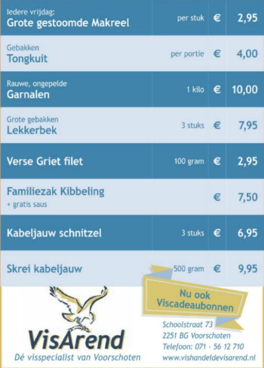 Aanbiedingen vishandel de Vishandel in Voorschoten vanaf 16 februari 2017.