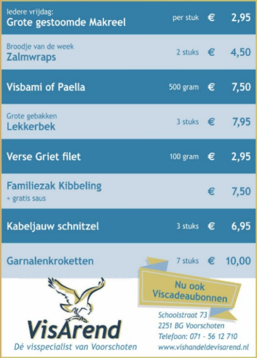 Aanbiedingen vishandel de Vishandel in Voorschoten vanaf 23 maart 2017.