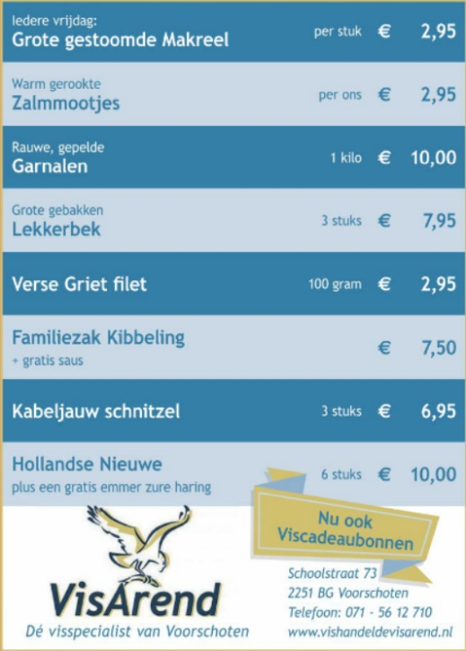 Aanbiedingen vishandel de Vishandel in Voorschoten vanaf 9 maart 2017.