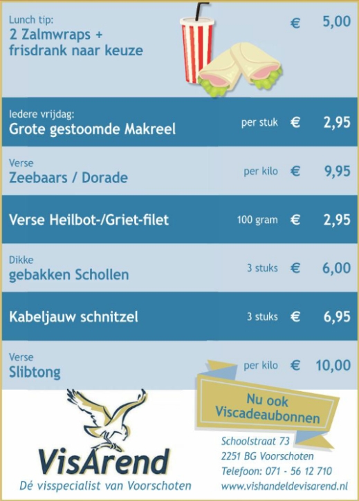 Aanbiedingen vishandel de Vishandel in Voorschoten vanaf 20 april 2017.