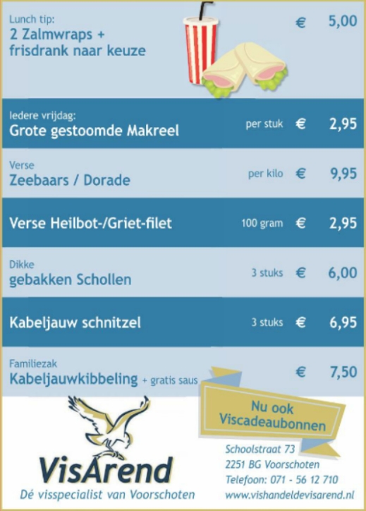 Aanbiedingen vishandel de Vishandel in Voorschoten vanaf 27 april 2017.