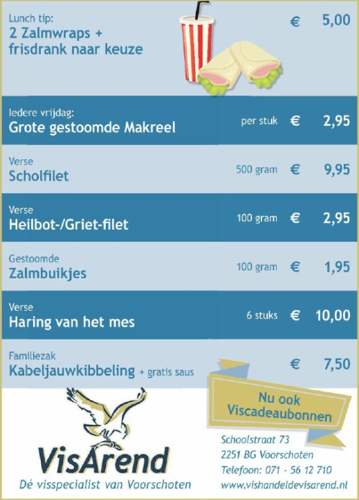 Aanbiedingen vishandel de Vishandel in Voorschoten vanaf 11 mei 2017.